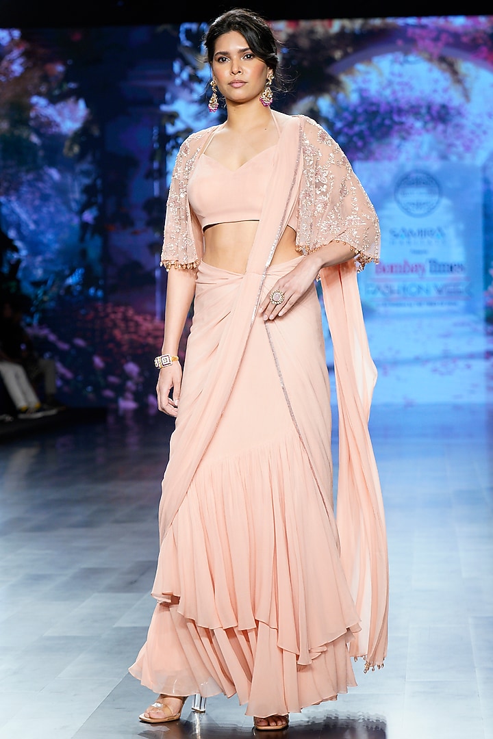 Pink Net & Georgette Hand Embroidered Pre-stitched Jacket Wedding Saree Set by Chhavvi Aggarwal at Pernia's Pop Up Shop