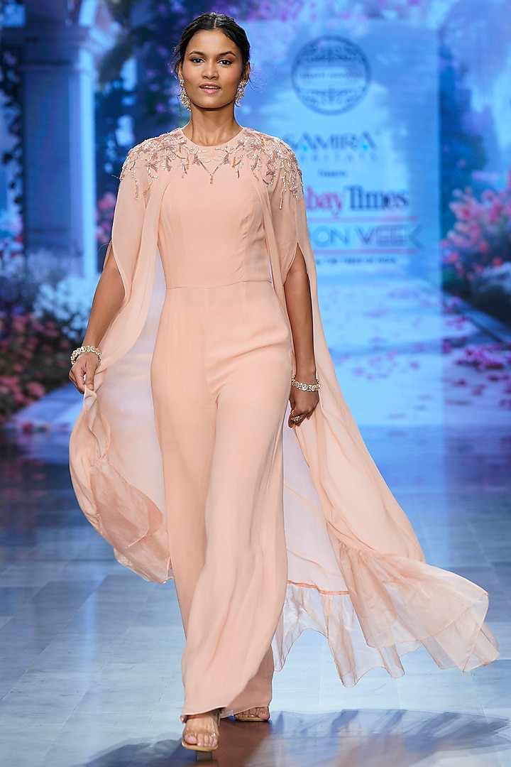 Pink Cotton Satin & Net Hand Embroidered Jumpsuit by Chhavvi Aggarwal at Pernia's Pop Up Shop