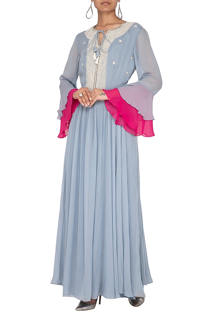 Powder Blue Embroidered Party Wear Anarkali Gown by Chhavvi Aggarwal at Pernia's Pop Up Shop