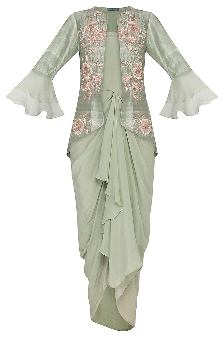 Sage Green Drape Dress With Embroidered Jacket by Chhavvi Aggarwal
