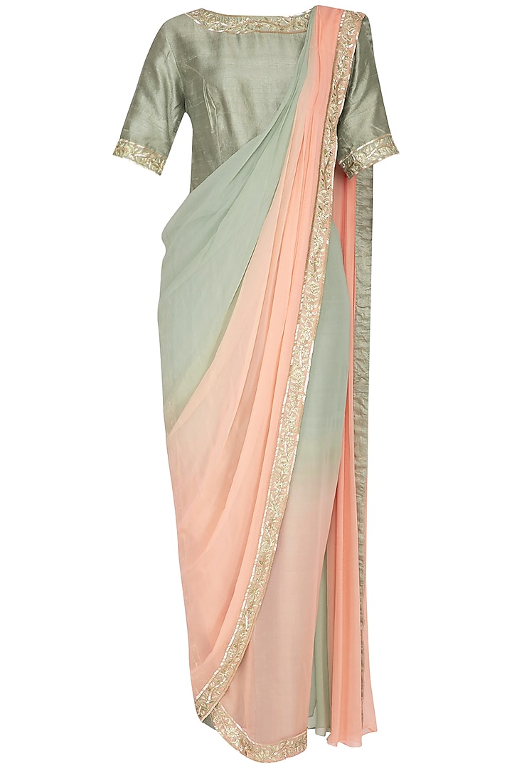 Sage Green Embroidered Drape Saree With Pants by Chhavvi Aggarwal