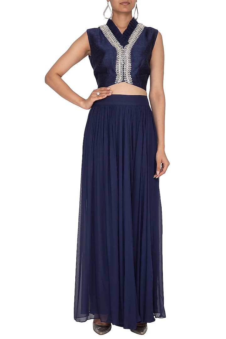 Navy Blue Raw Silk Pant Set by Chhavvi Aggarwal at Pernia's Pop Up Shop