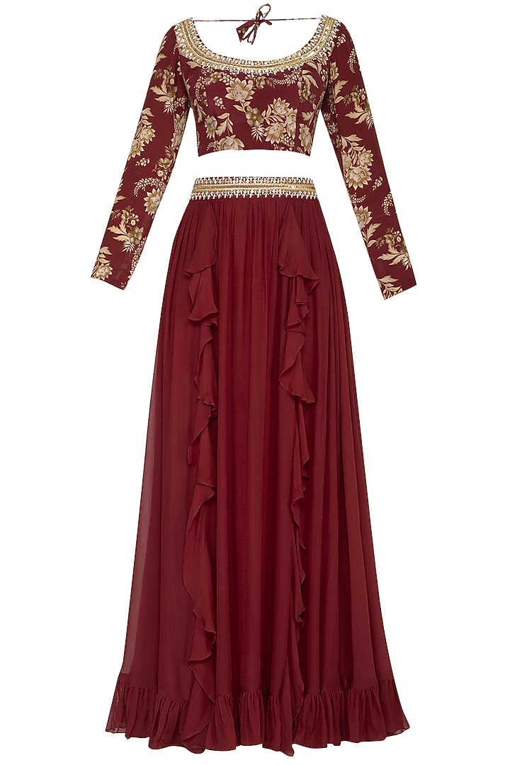 Maroon Printed & Embroidered Wedding Lehenga Set by Chhavvi Aggarwal at Pernia's Pop Up Shop