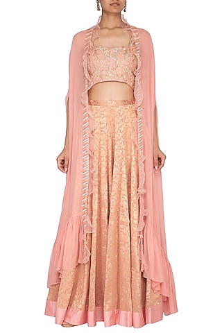 Peach Embroidered Banarasi Cape Lehenga Set by Chhavvi Aggarwal