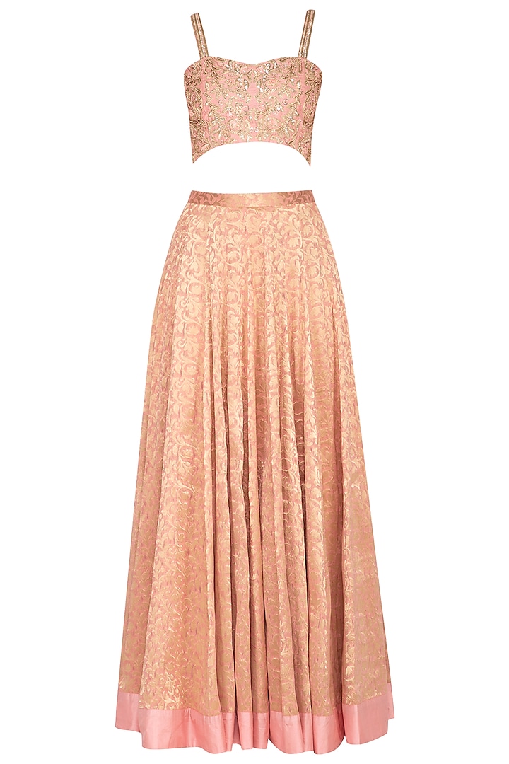 Peach Embroidered Banarasi Cape Wedding Lehenga Set by Chhavvi Aggarwal at Pernia's Pop Up Shop