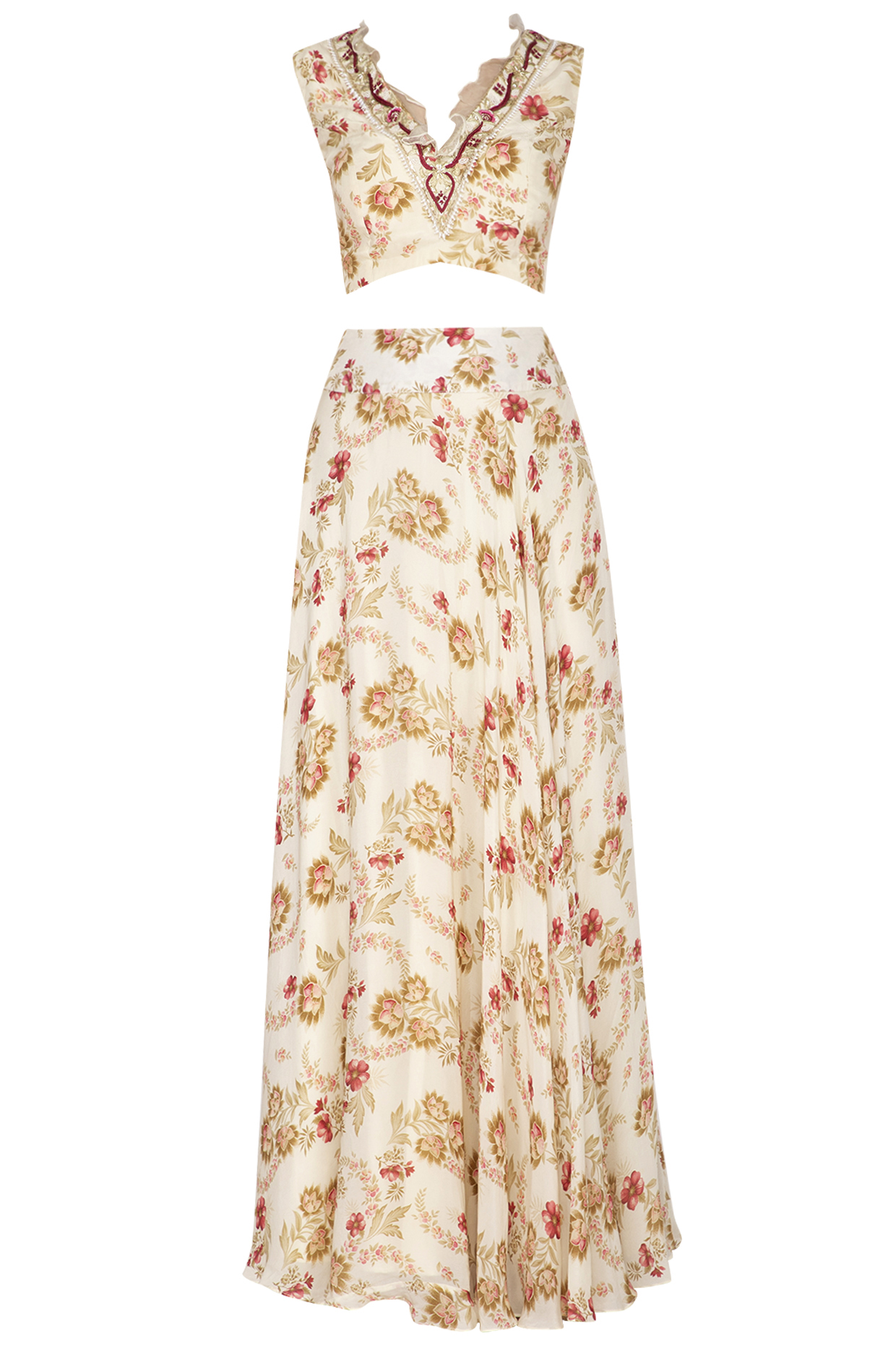 Off White Printed & Embroidered Lehenga Set by Chhavvi Aggarwal