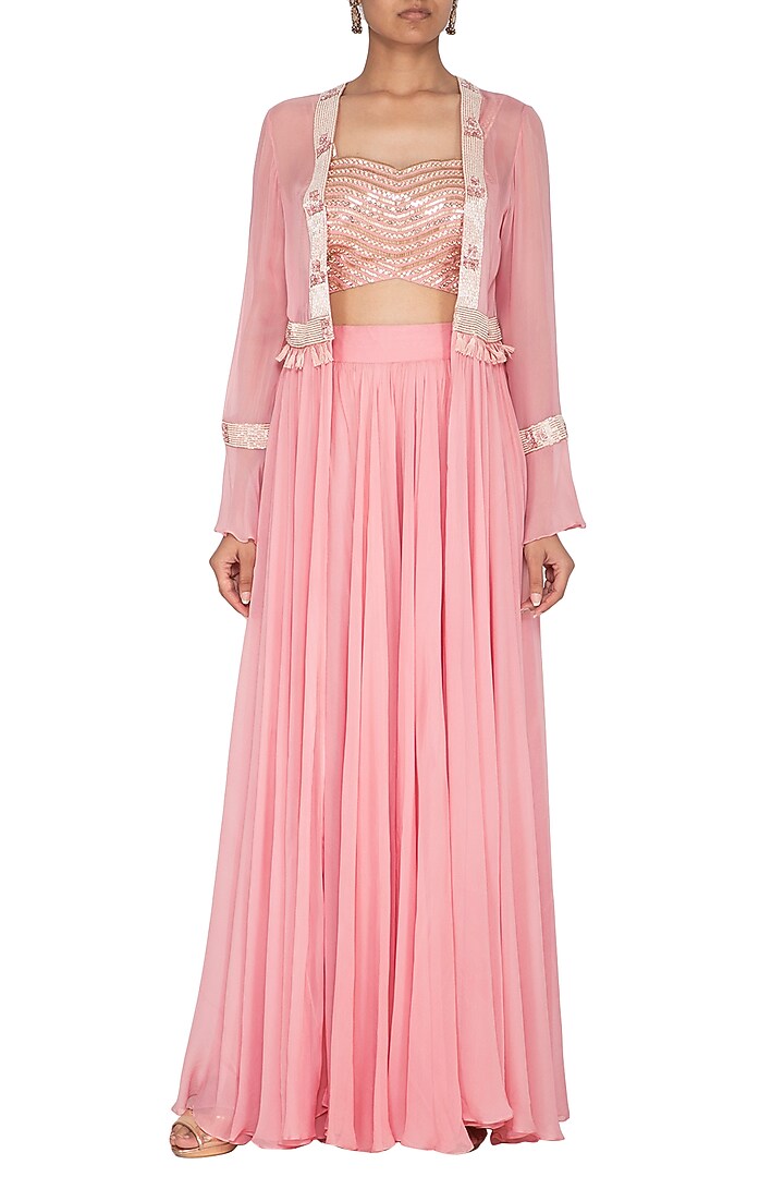 Pink Embroidered Blouse With Jacket & Palazzo Pants by Chhavvi Aggarwal at Pernia's Pop Up Shop