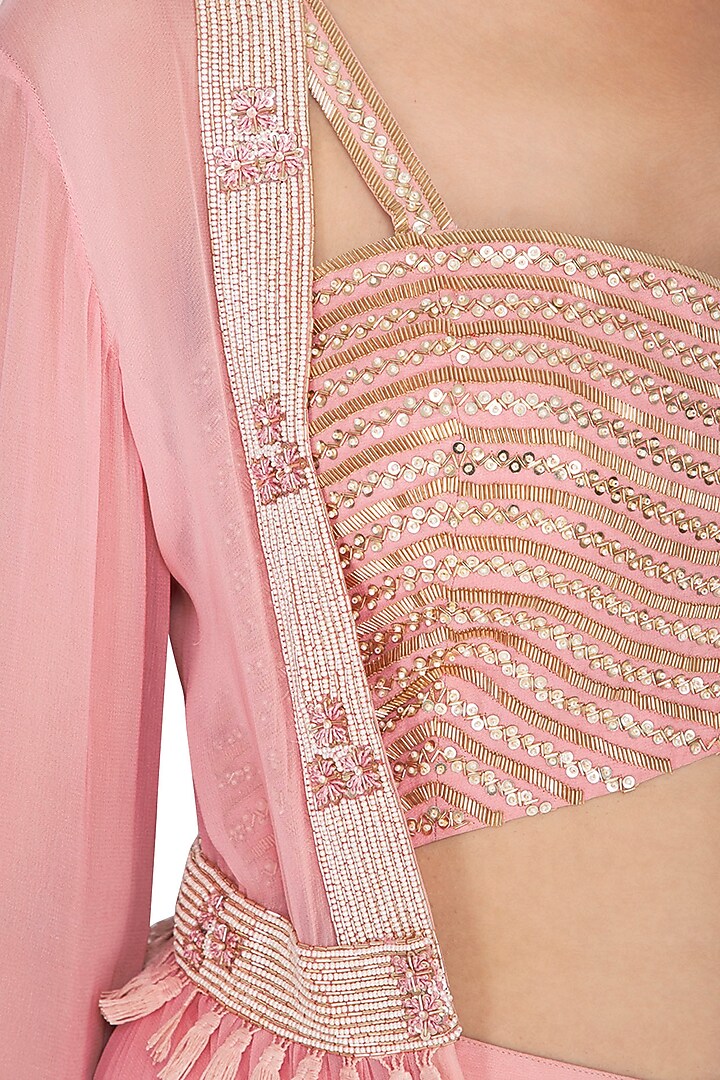 Pink Embroidered Blouse With Jacket & Palazzo Pants by Chhavvi Aggarwal at Pernia's Pop Up Shop