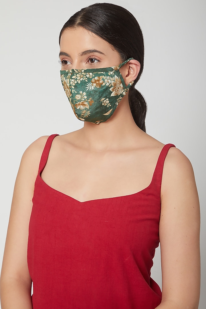 Emerald Green Printed Mask With Bag Design by Chhavvi Aggarwal at