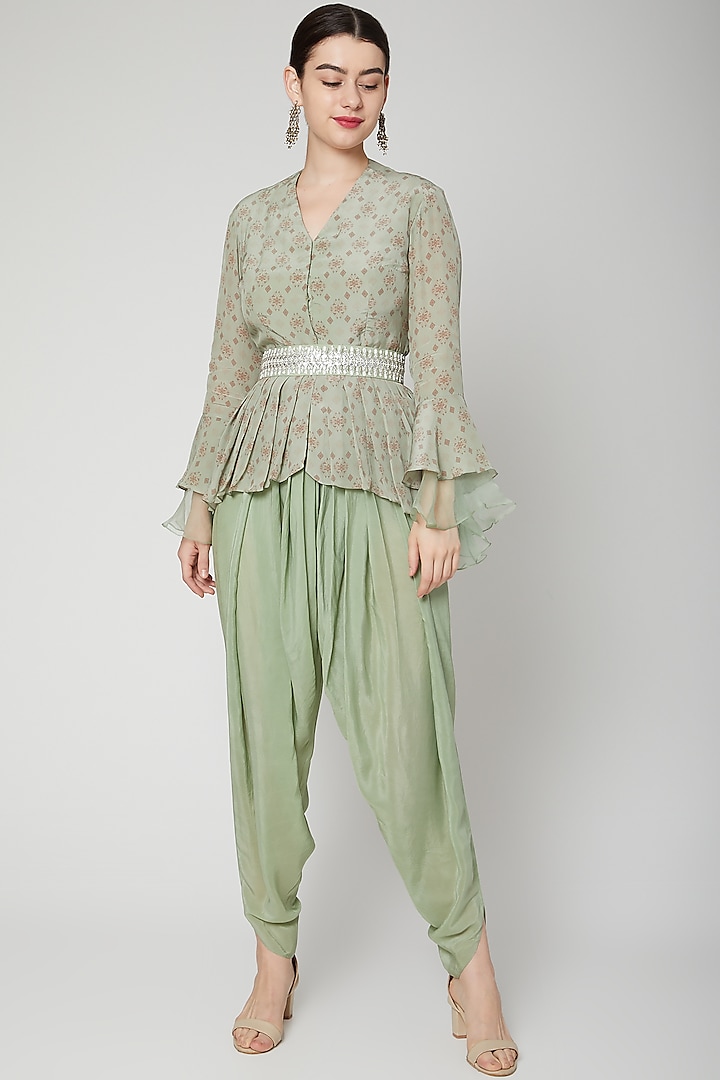 Mint Green Printed Top With Pants by Chhavvi Aggarwal