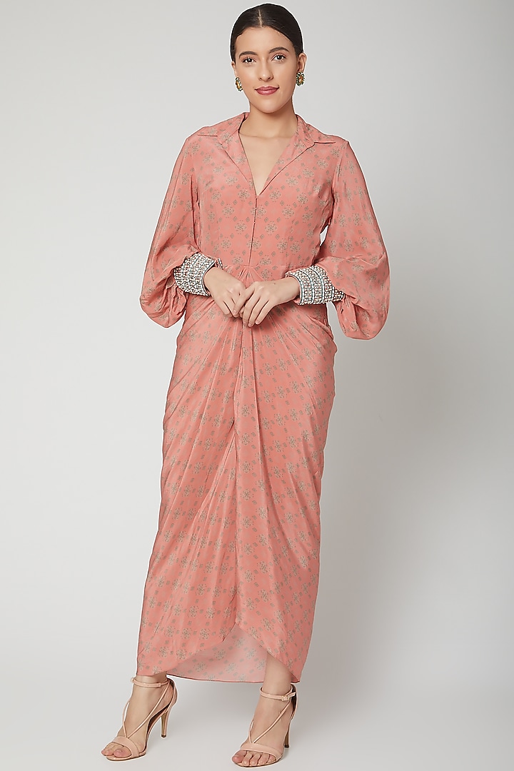 Peach Printed Dress With Embroidered Cuffs by Chhavvi Aggarwal