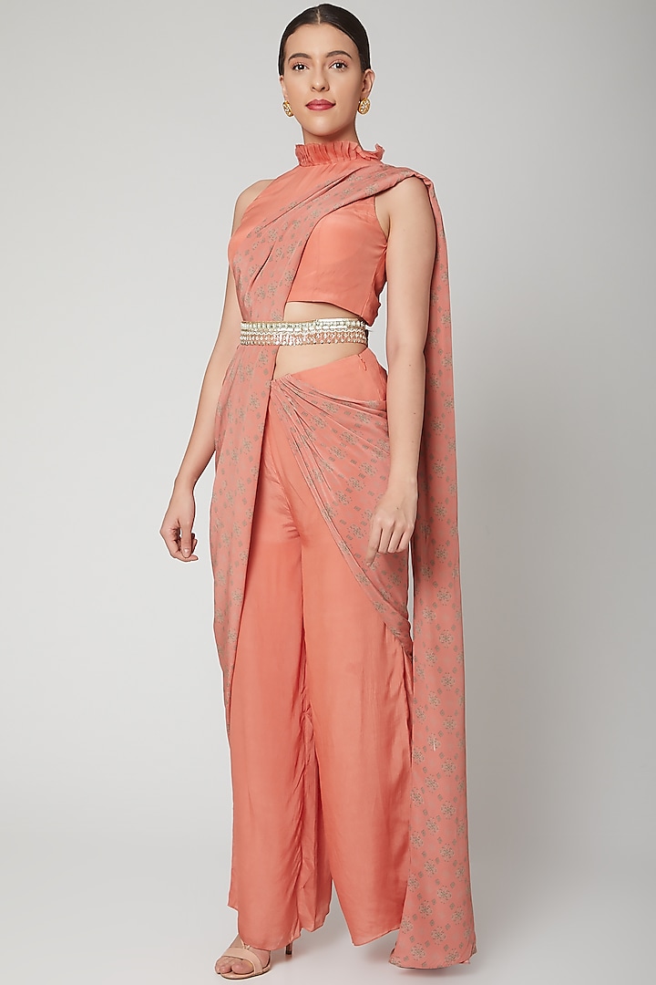 Peach Printed Pant Saree With Belt by Chhavvi Aggarwal