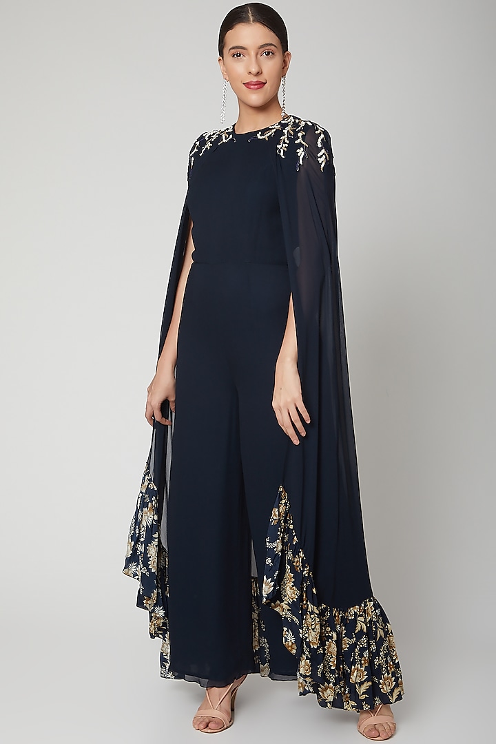 Navy Blue Printed Jumpsuit With Embroidered Patch by Chhavvi Aggarwal