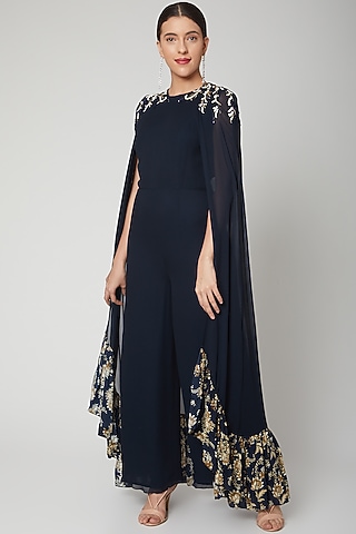 Navy Blue Printed Jumpsuit With Embroidered Patch by Chhavvi Aggarwal