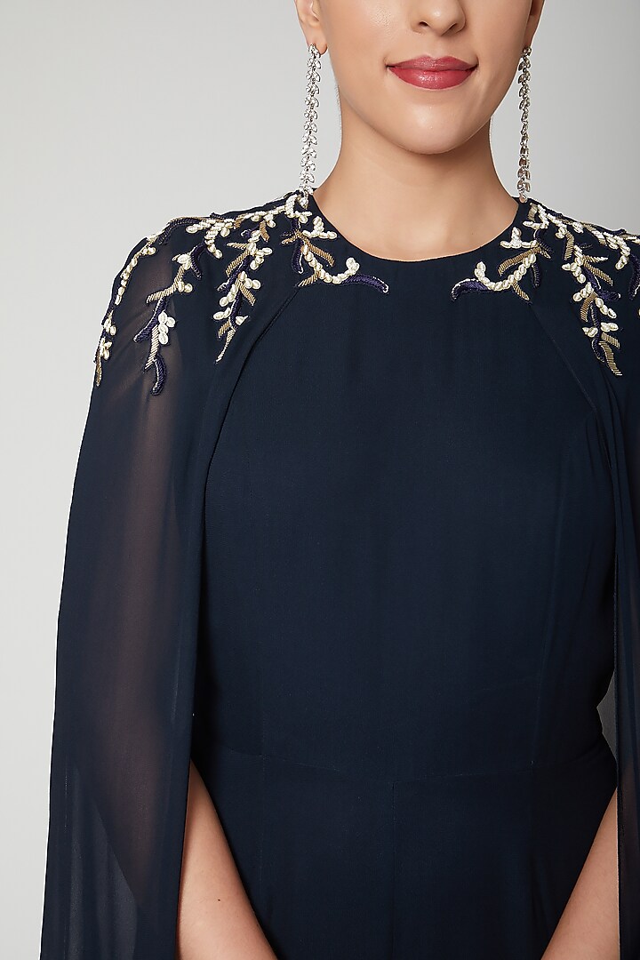Navy Blue Printed Jumpsuit With Embroidered Patch by Chhavvi Aggarwal at Pernia's Pop Up Shop