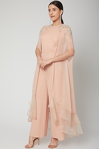 Peach Embroidered Jumpsuit With Frills by Chhavvi Aggarwal