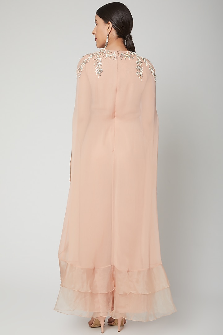 Peach Embroidered Jumpsuit With Frills by Chhavvi Aggarwal at Pernia's Pop Up Shop