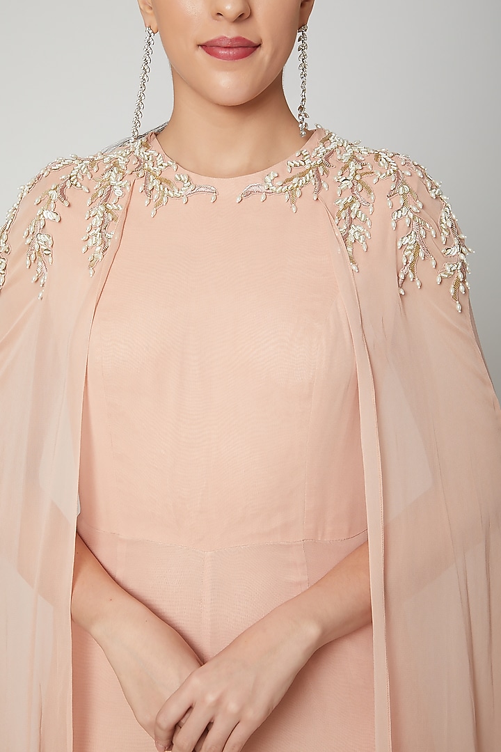 Peach Embroidered Jumpsuit With Frills by Chhavvi Aggarwal at Pernia's Pop Up Shop