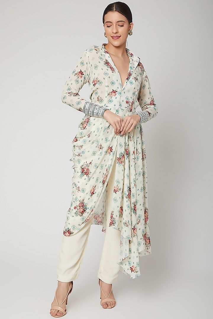 White Embroidered Dress With Pants by Chhavvi Aggarwal