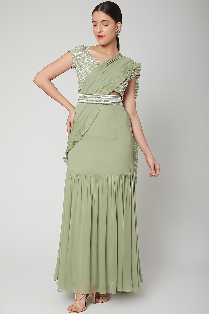 Mint Green Embroidered Saree Set With Belt by Chhavvi Aggarwal