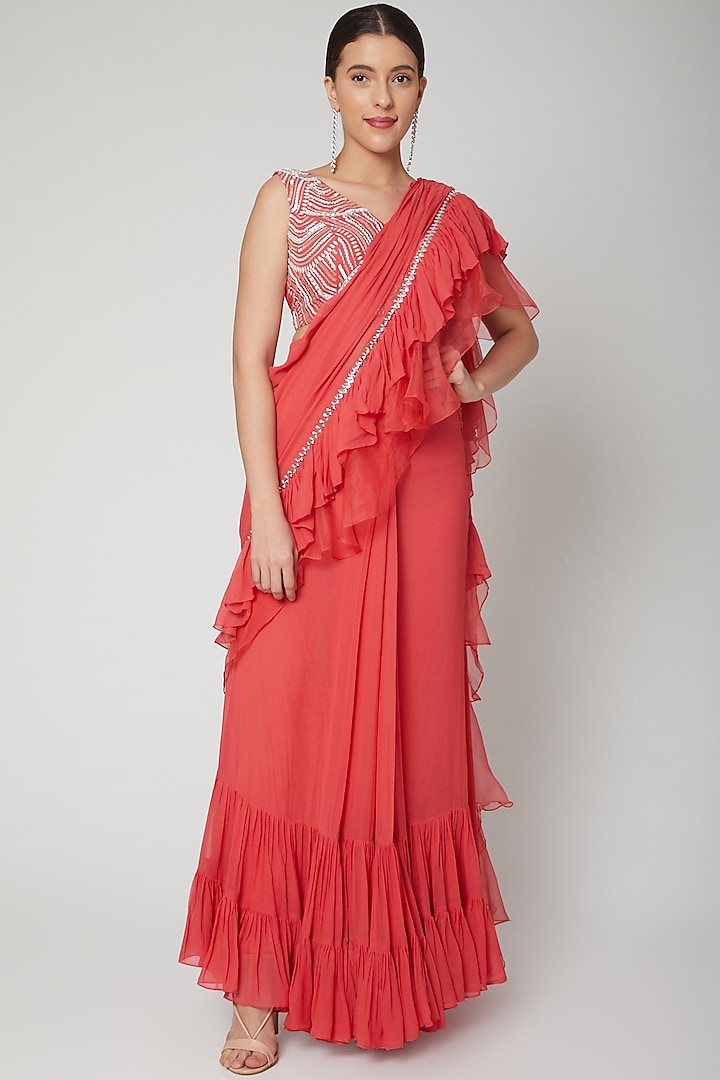 Peach Embroidered Frill Saree Set by Chhavvi Aggarwal