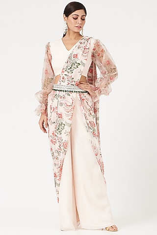 Light Peach Organza Printed Pant Saree Set by Chhavvi Aggarwal