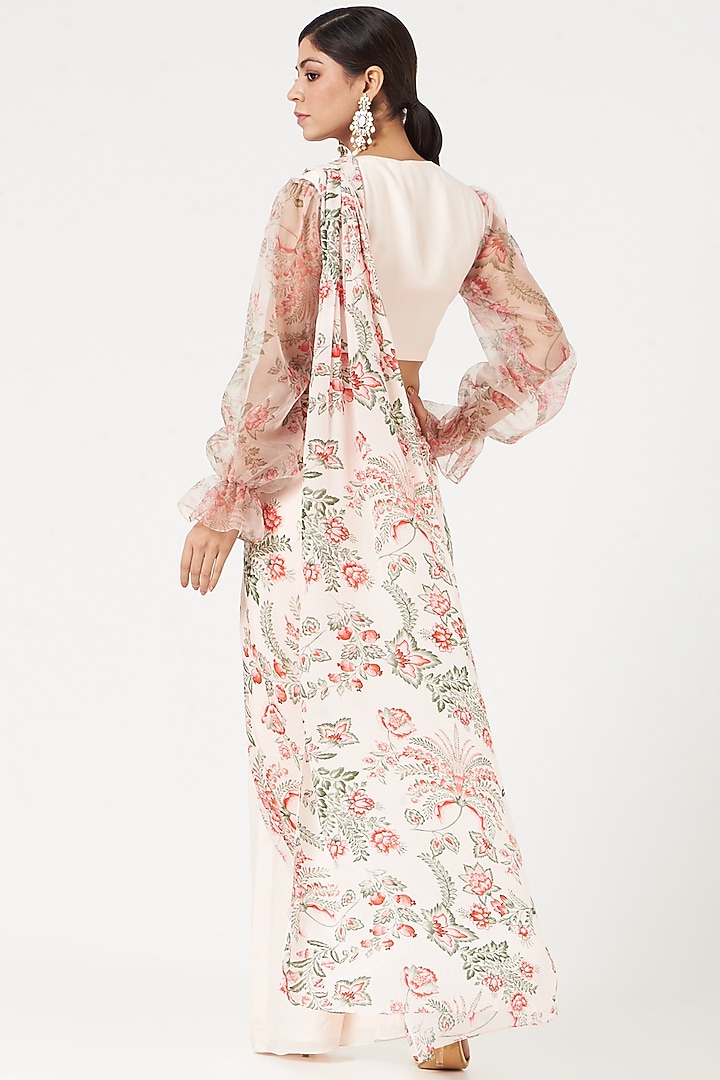 Light Peach Organza Printed Pant Party Wear Saree Set by Chhavvi Aggarwal at Pernia's Pop Up Shop