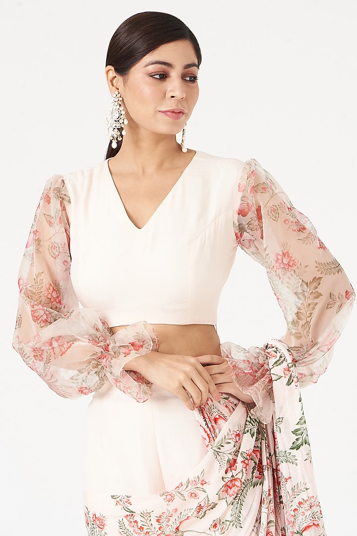 Light Peach Organza Printed Pant Party Wear Saree Set by Chhavvi Aggarwal at Pernia's Pop Up Shop