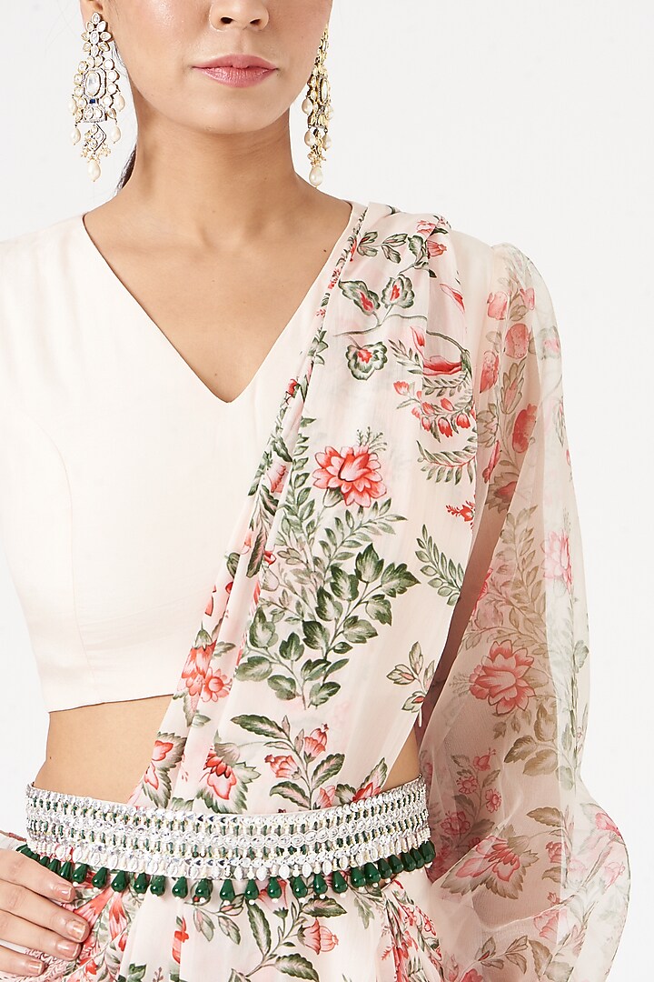 Light Peach Organza Printed Pant Party Wear Saree Set by Chhavvi Aggarwal at Pernia's Pop Up Shop