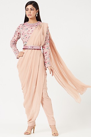 Nude Pink Crepe & Georgette Pant Saree Set by Chhavvi Aggarwal