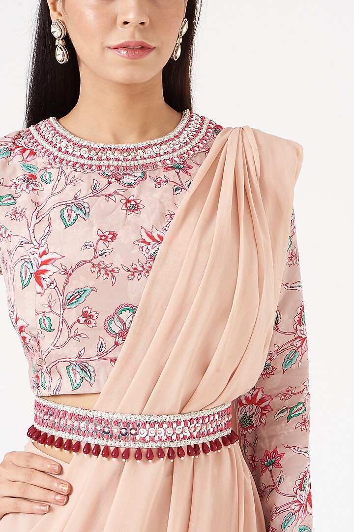 Nude Pink Crepe & Georgette Pant Party Wear Saree Set by Chhavvi Aggarwal at Pernia's Pop Up Shop