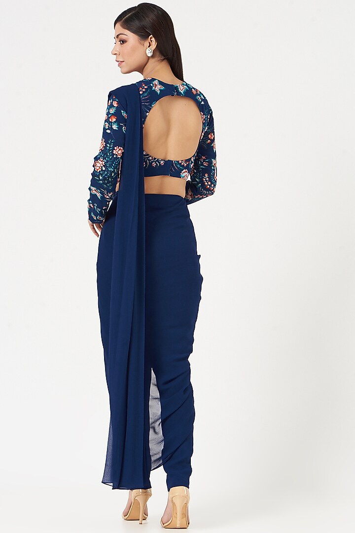 Royal Blue Crepe & Georgette Pant Party Wear Saree Set by Chhavvi Aggarwal at Pernia's Pop Up Shop