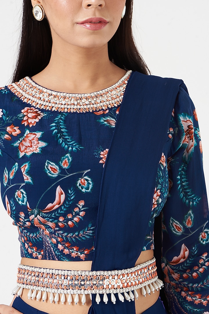 Royal Blue Crepe & Georgette Pant Party Wear Saree Set by Chhavvi Aggarwal at Pernia's Pop Up Shop