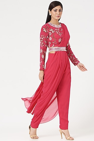 Hot Pink Crepe & Georgette Pant Saree Set by Chhavvi Aggarwal