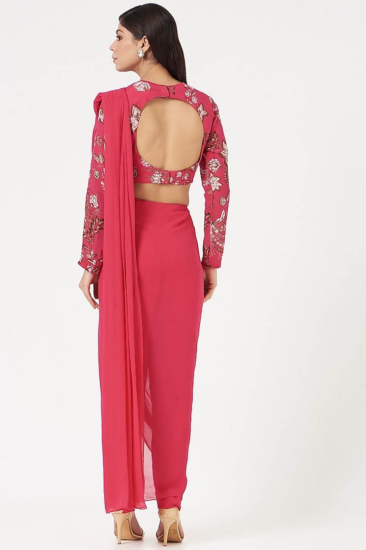 Hot Pink Crepe & Georgette Pant Party Wear Saree Set by Chhavvi Aggarwal at Pernia's Pop Up Shop