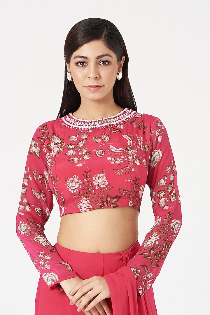 Hot Pink Crepe & Georgette Pant Party Wear Saree Set by Chhavvi Aggarwal at Pernia's Pop Up Shop