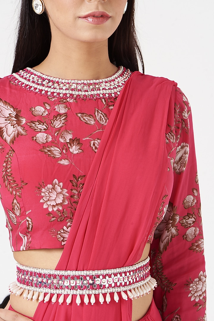 Hot Pink Crepe & Georgette Pant Party Wear Saree Set by Chhavvi Aggarwal at Pernia's Pop Up Shop