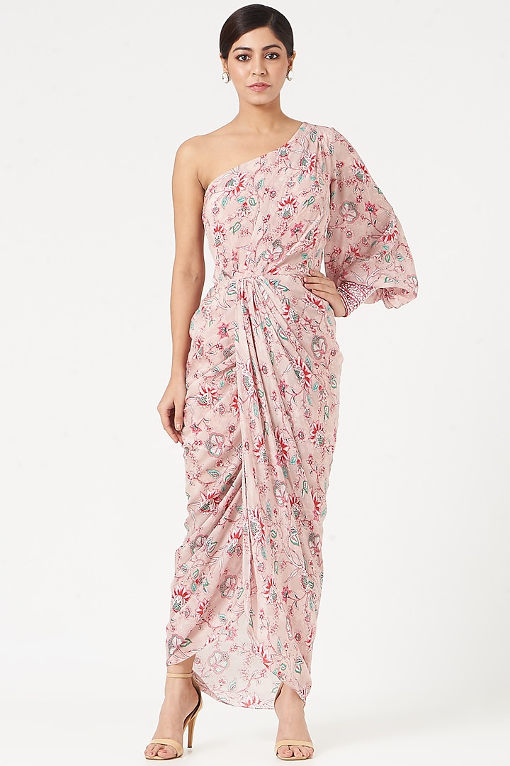 Nude Pink Crepe Printed Dress by Chhavvi Aggarwal at Pernia's Pop Up Shop