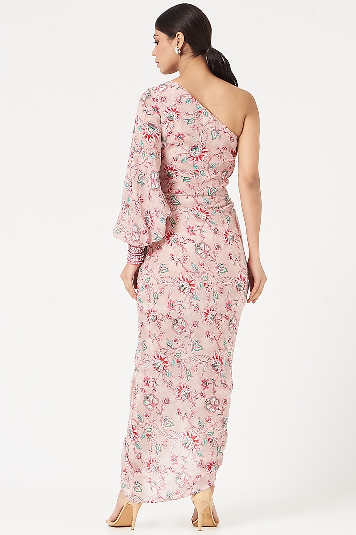Nude Pink Crepe Printed Vacation Dress by Chhavvi Aggarwal at Pernia's Pop Up Shop