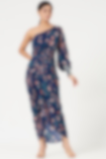 Royal Blue Crepe Printed Vacation Dress by Chhavvi Aggarwal at Pernia's Pop Up Shop