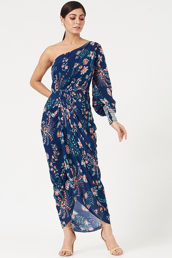 Royal Blue Crepe Printed Vacation Dress by Chhavvi Aggarwal at Pernia's Pop Up Shop