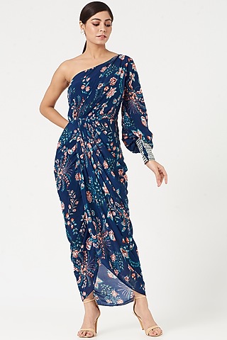 Royal Blue Crepe Printed Dress by Chhavvi Aggarwal