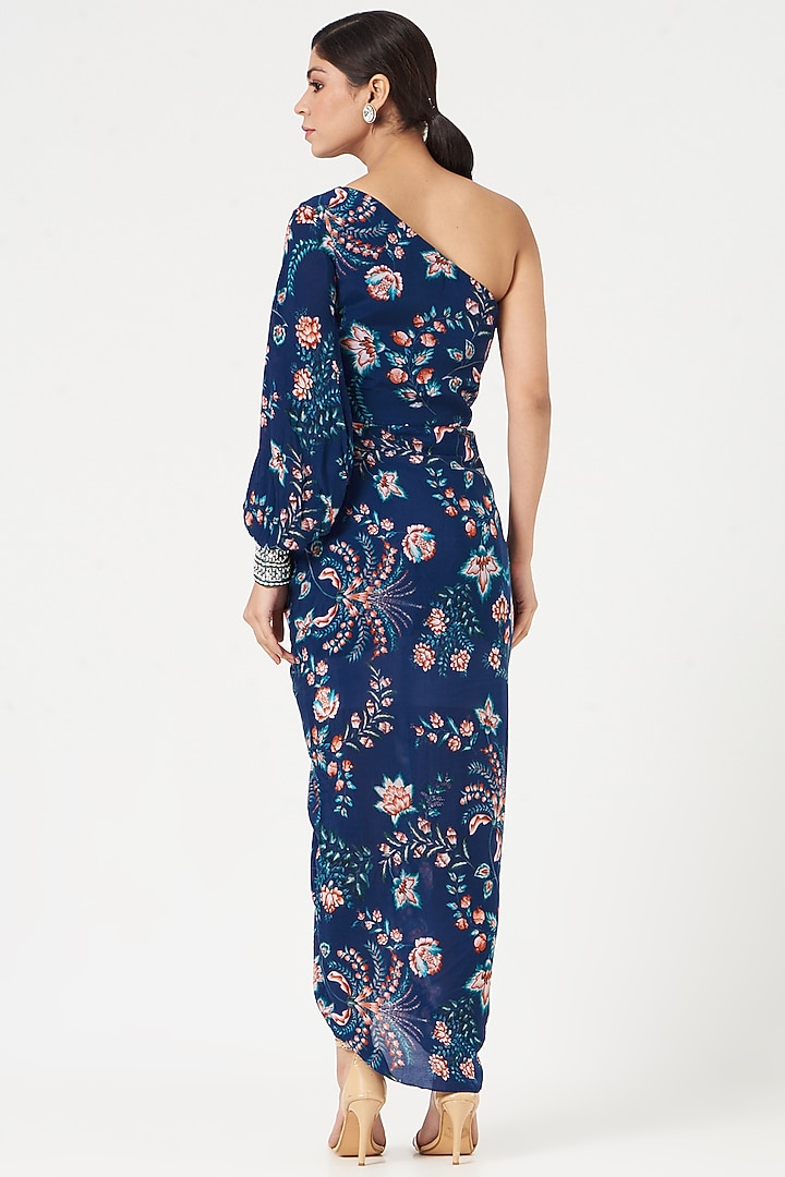 Royal Blue Crepe Printed Vacation Dress by Chhavvi Aggarwal at Pernia's Pop Up Shop
