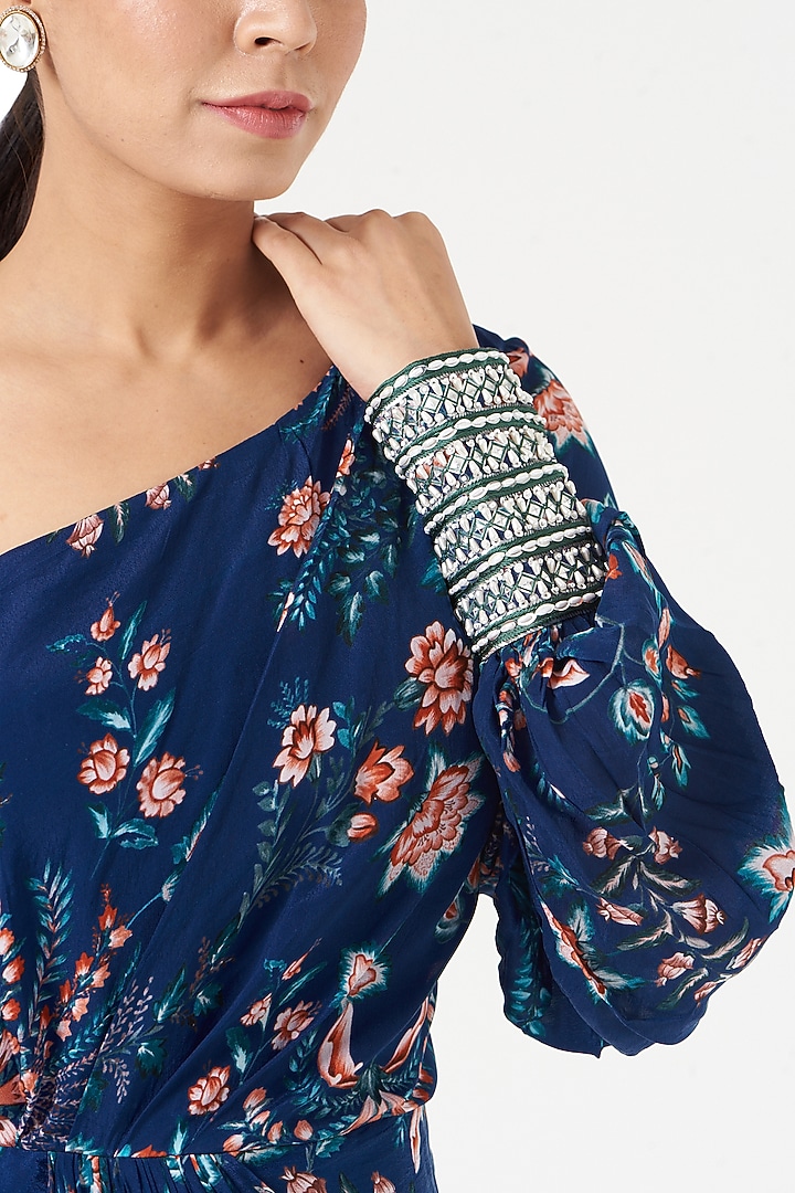 Royal Blue Crepe Printed Vacation Dress by Chhavvi Aggarwal at Pernia's Pop Up Shop