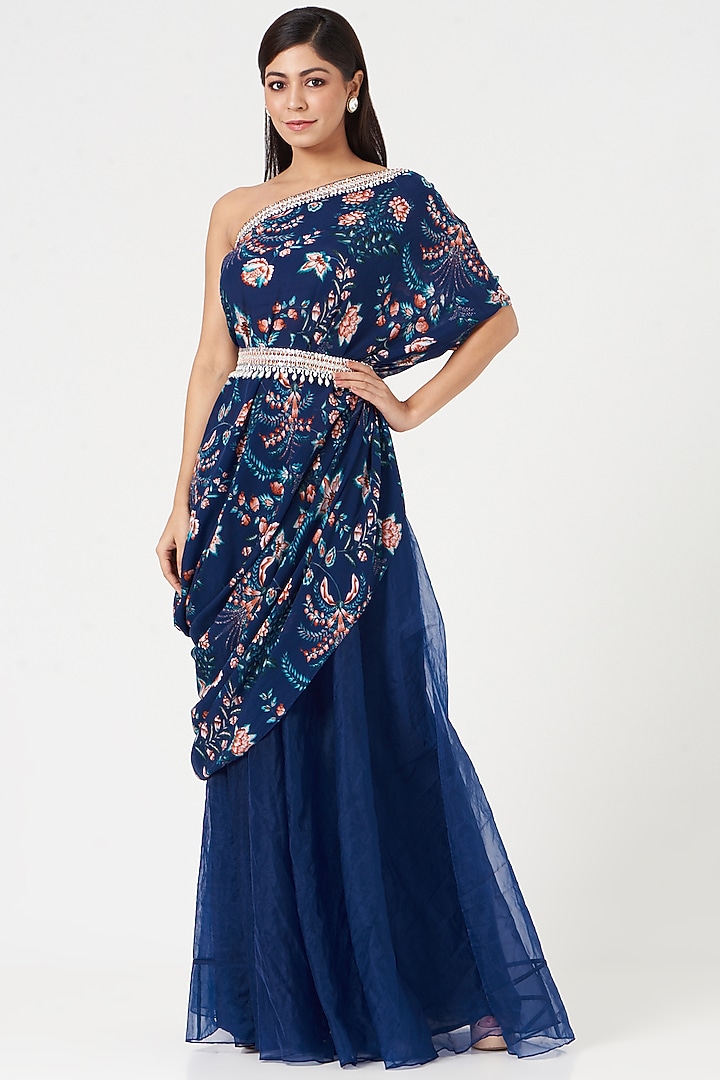 Royal Blue Organza Pant Set With Belt by Chhavvi Aggarwal at Pernia's Pop Up Shop
