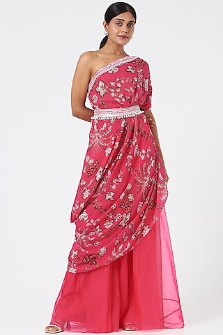 Hot Pink Organza Pant Set With Belt by Chhavvi Aggarwal