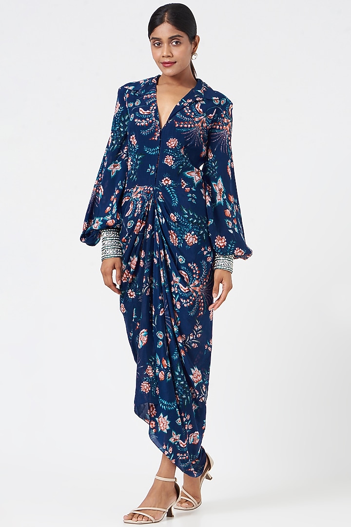 Royal Blue Crepe Printed Vacation Dress by Chhavvi Aggarwal at Pernia's Pop Up Shop