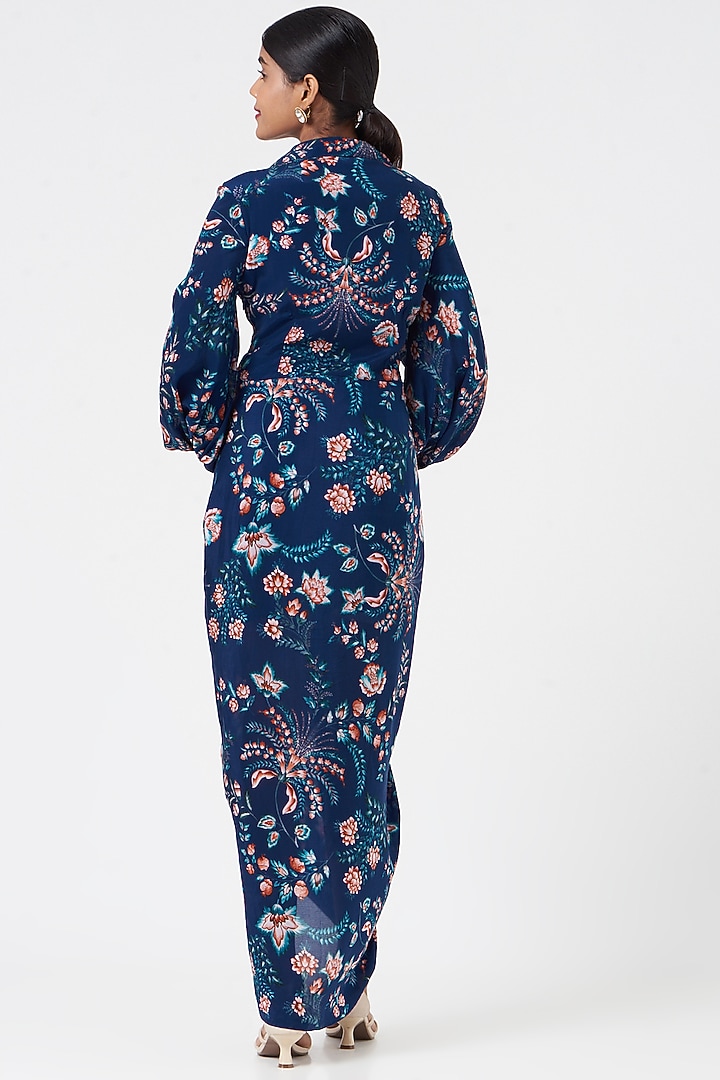Royal Blue Crepe Printed Vacation Dress by Chhavvi Aggarwal at Pernia's Pop Up Shop