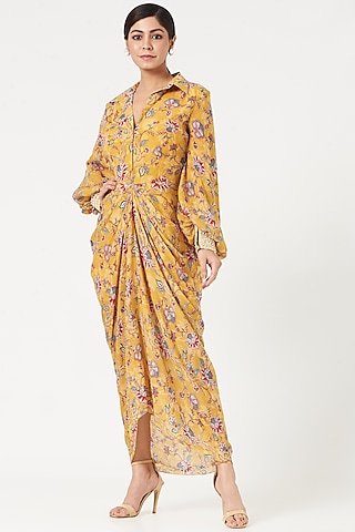 Yellow Crepe Printed Dress by Chhavvi Aggarwal