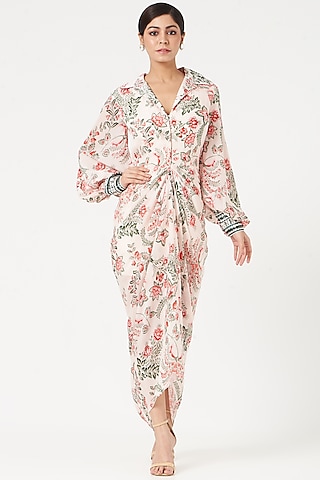 Light Peach Crepe Printed Dress by Chhavvi Aggarwal